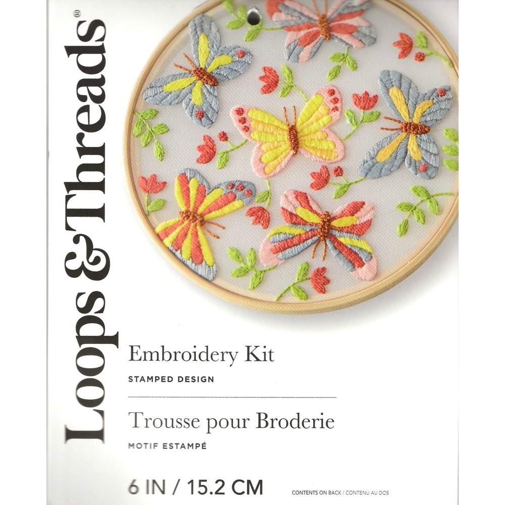Loops & Threads Stamped Design Embroidery Kit Butterflies Flowers Hoop 6" New